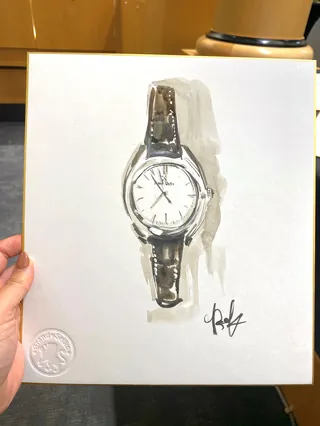 Realistic hand-drawn wristwatch on white paper held by a hand