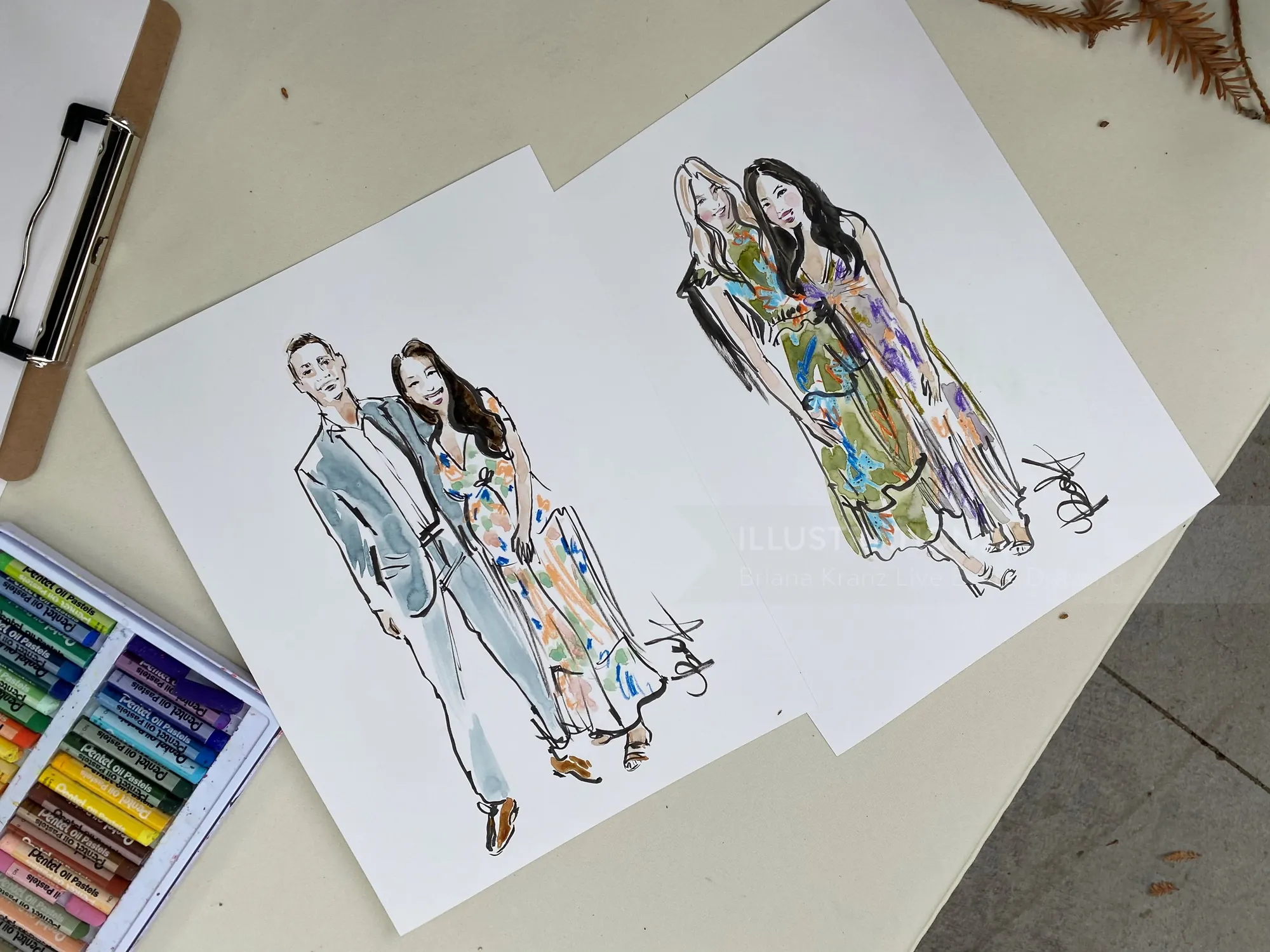 Hand-drawn fashion sketches of two couples in colorful clothing.