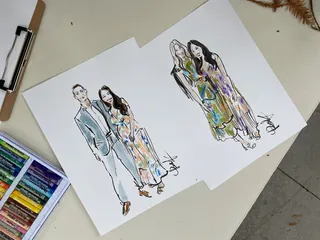 Hand-drawn fashion sketches of two couples in colorful clothing.