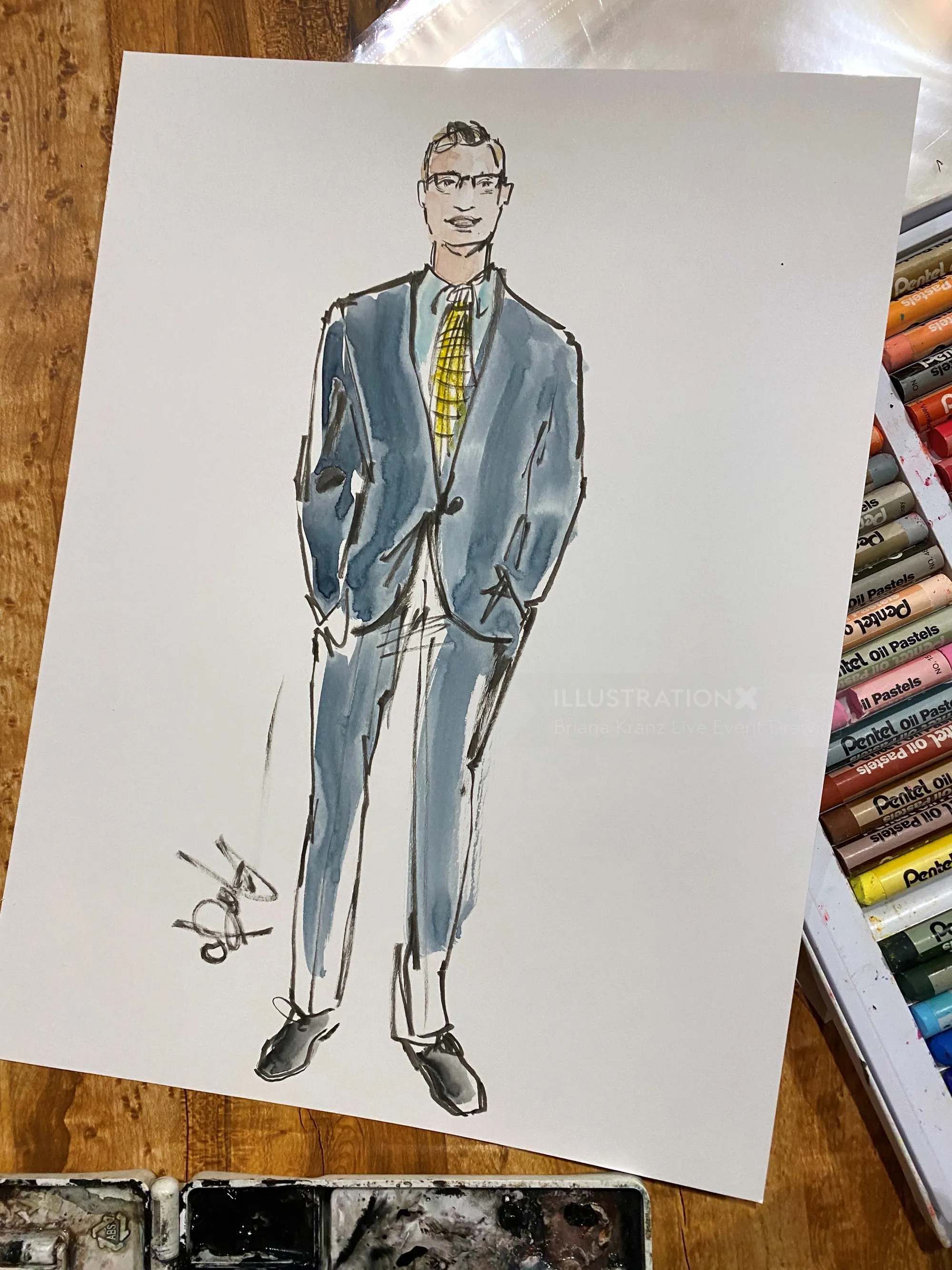 Sketch of man wearing blue suit and yellow tie with glasses