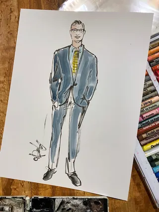 Sketch of man wearing blue suit and yellow tie with glasses