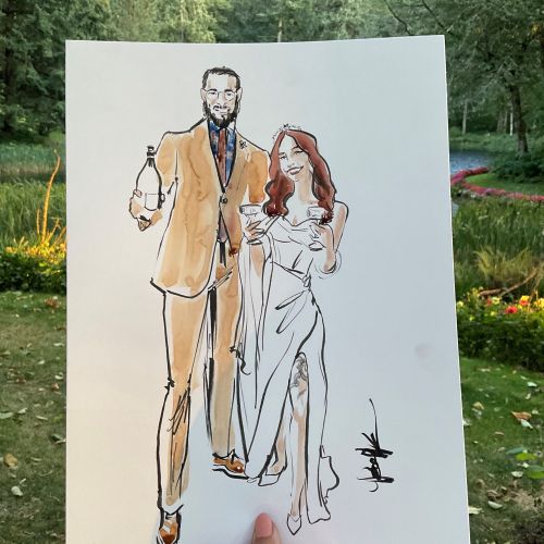 Fashion illustration of a man in suit and a woman in dress held outdoors