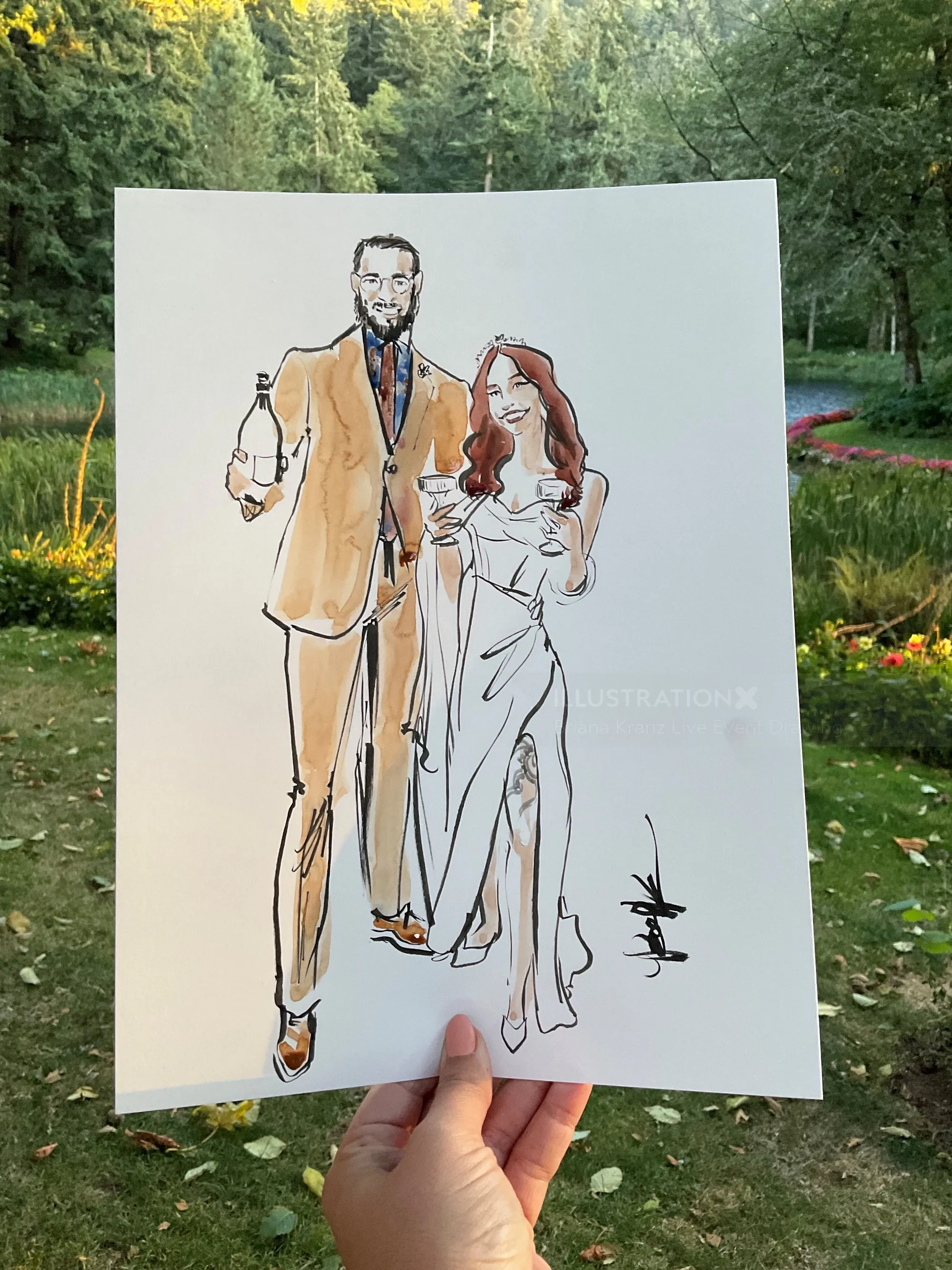 Fashion illustration of a man in suit and a woman in dress held outdoors