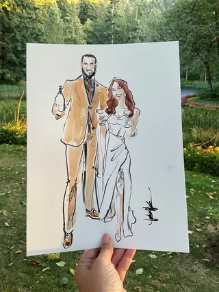 Fashion illustration of a man in suit and a woman in dress held outdoors