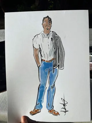 Drawing of a man wearing white shirt and blue jeans holding a jacket