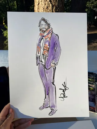 Illustration of man in purple suit with colorful scarf standing confidently