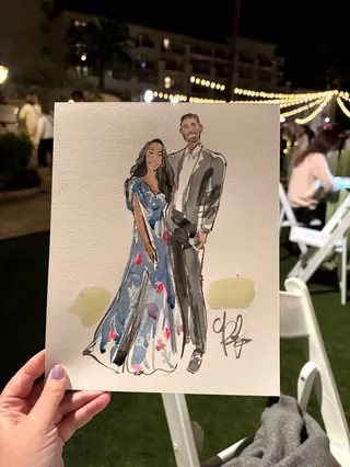 Watercolor painting of a man and woman in formal attire outdoors