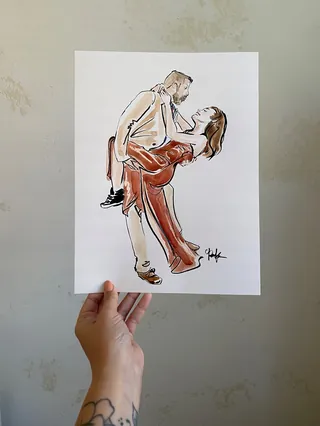 Illustrated custom portrait of couple in romantic dance pose