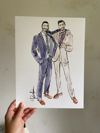 Illustrated custom portrait of two men in suits from post-wedding photo