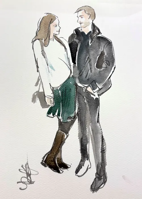Watercolor sketch of standing man and woman by Briana Kranz