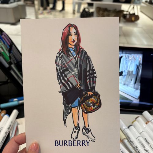 Briana Kranzによる、バーバリーの衣装を着たモデルのファッションイラスト