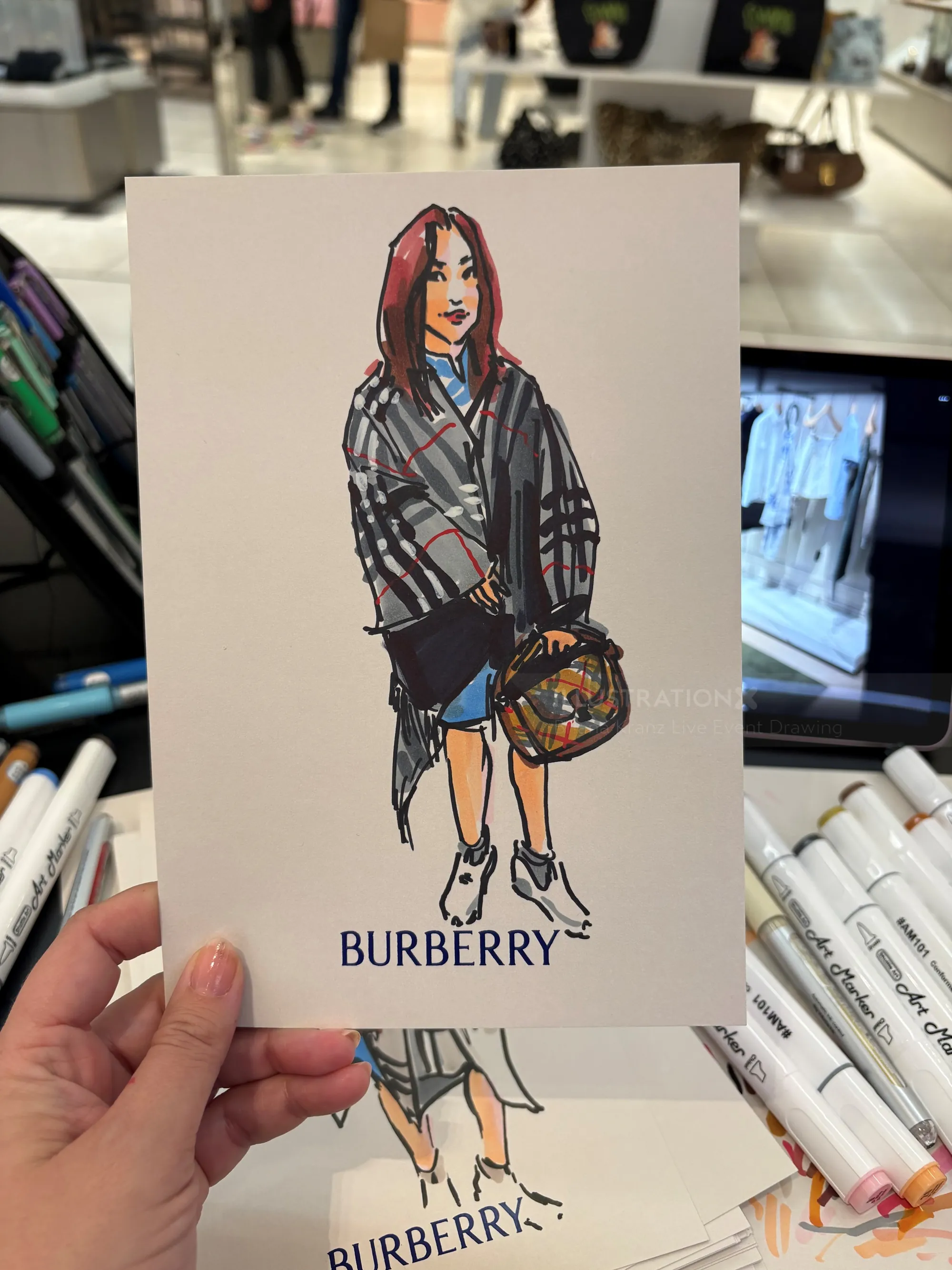 Fashion illustration of model in Burberry outfit by Briana Kranz