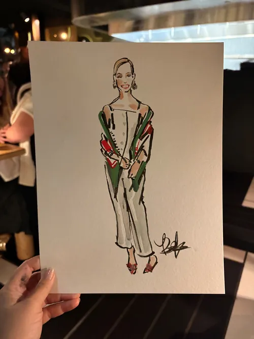 Briana Kranz Live Event Drawing of a woman in a green and red outfit