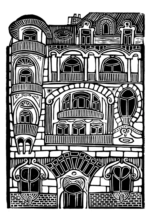 Linocut portrait of an Art Nouveau building by Burin and Plate