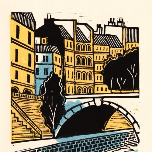 Burin and Plate linocut of Paris buildings, a bridge, and the Seine River