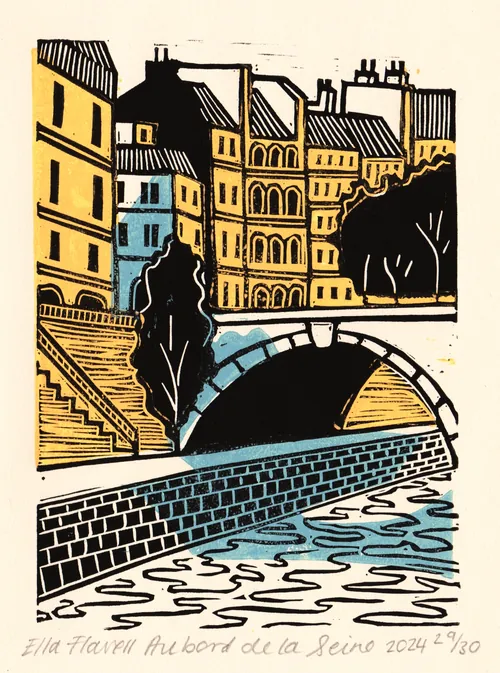 Burin and Plate linocut of Paris buildings, a bridge, and the Seine River