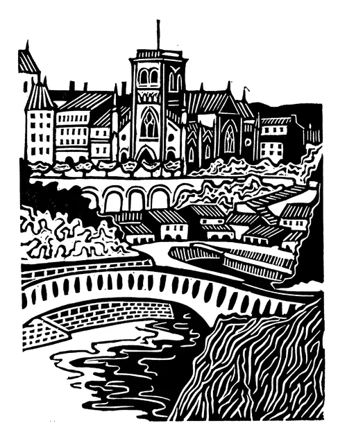 Burin and Plate linocut depicting Biarritz, France, with coastal buildings and bridges
