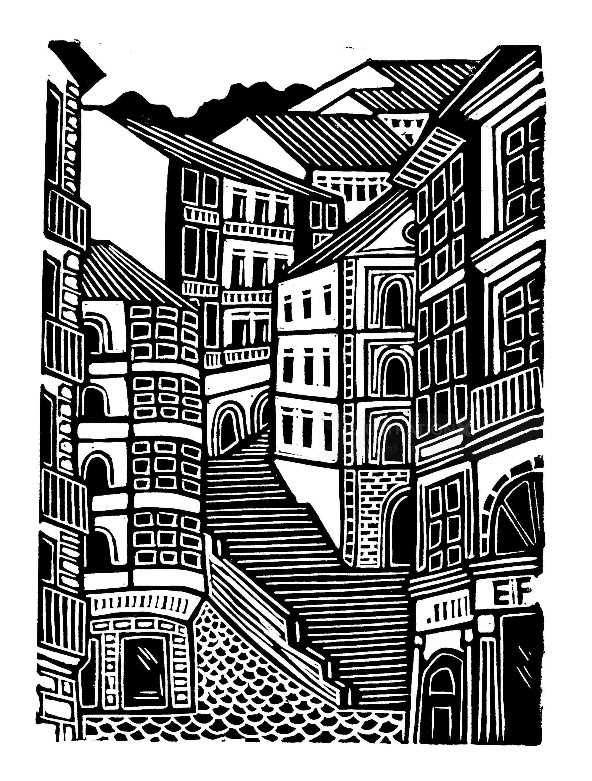 Burin and Plate linocut of Bilbao Old Town streets