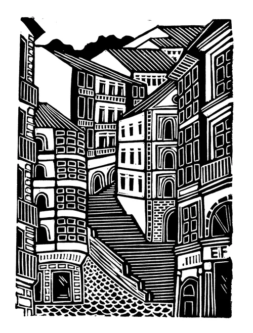 Burin and Plate linocut of Bilbao Old Town streets