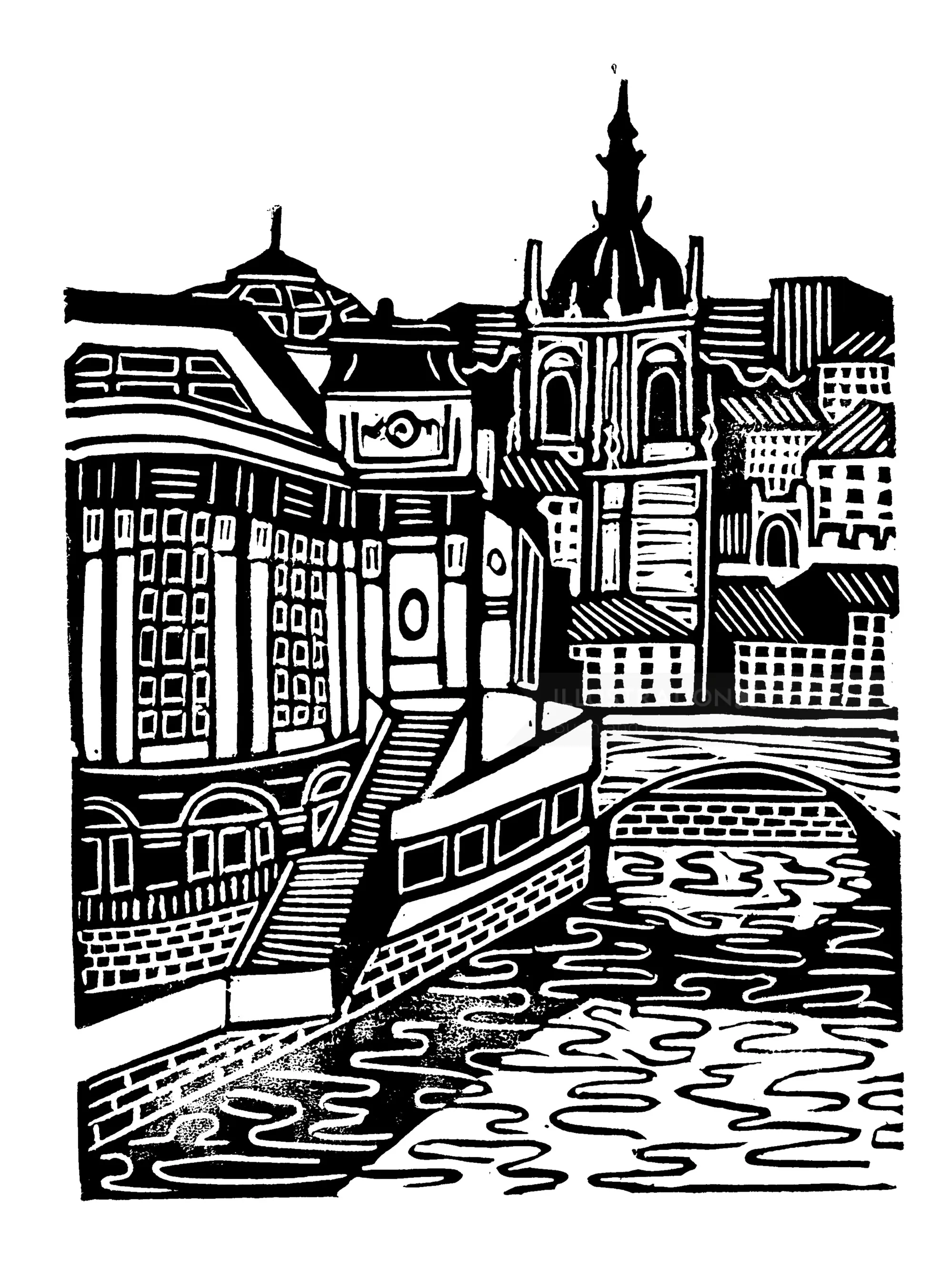 Burin and Plate linocut depicting Bilbao buildings beside the river