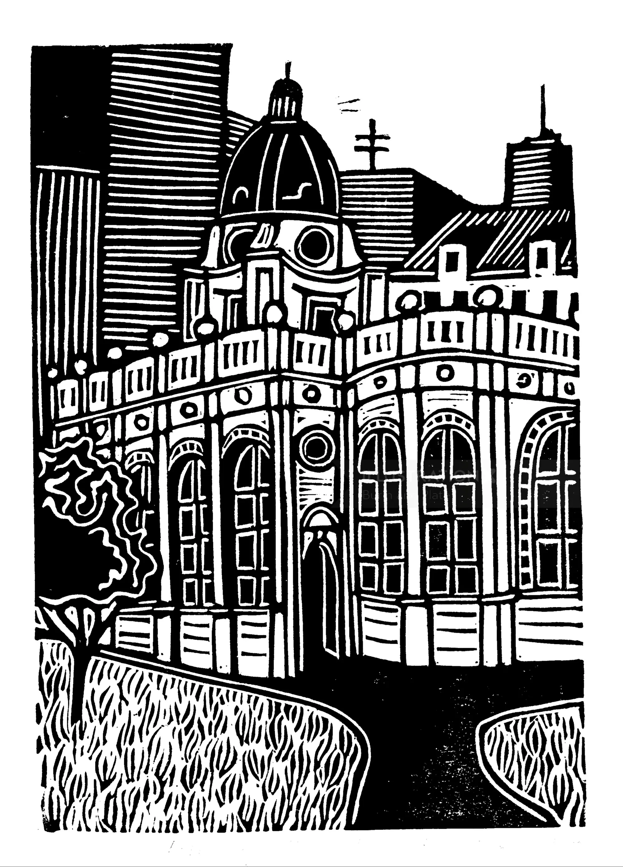Linocut of Birmingham Cathedral by Burin and Plate