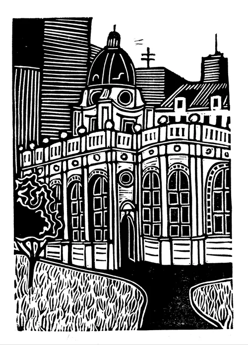 Linocut of Birmingham Cathedral by Burin and Plate