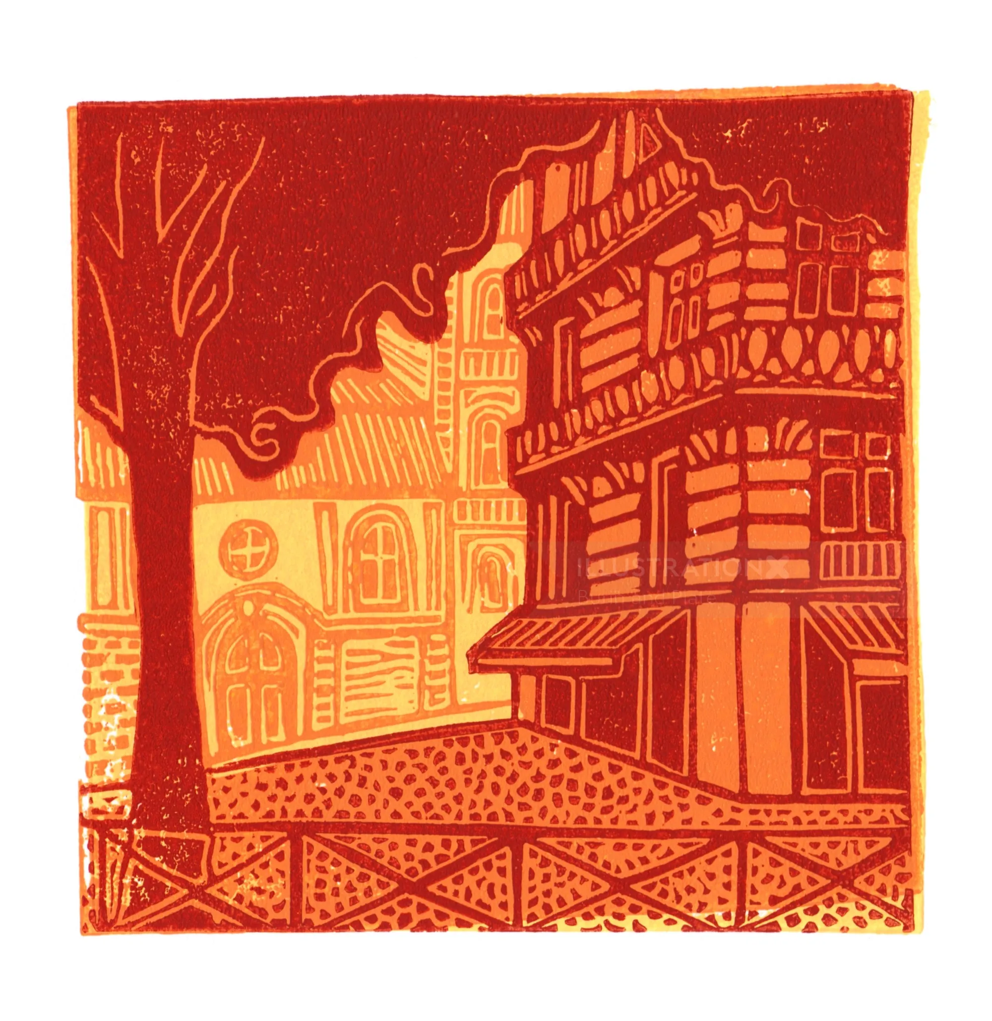 Burin and Plate linocut print depicting a Parisian street