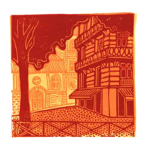 Burin and Plate linocut print depicting a Parisian street