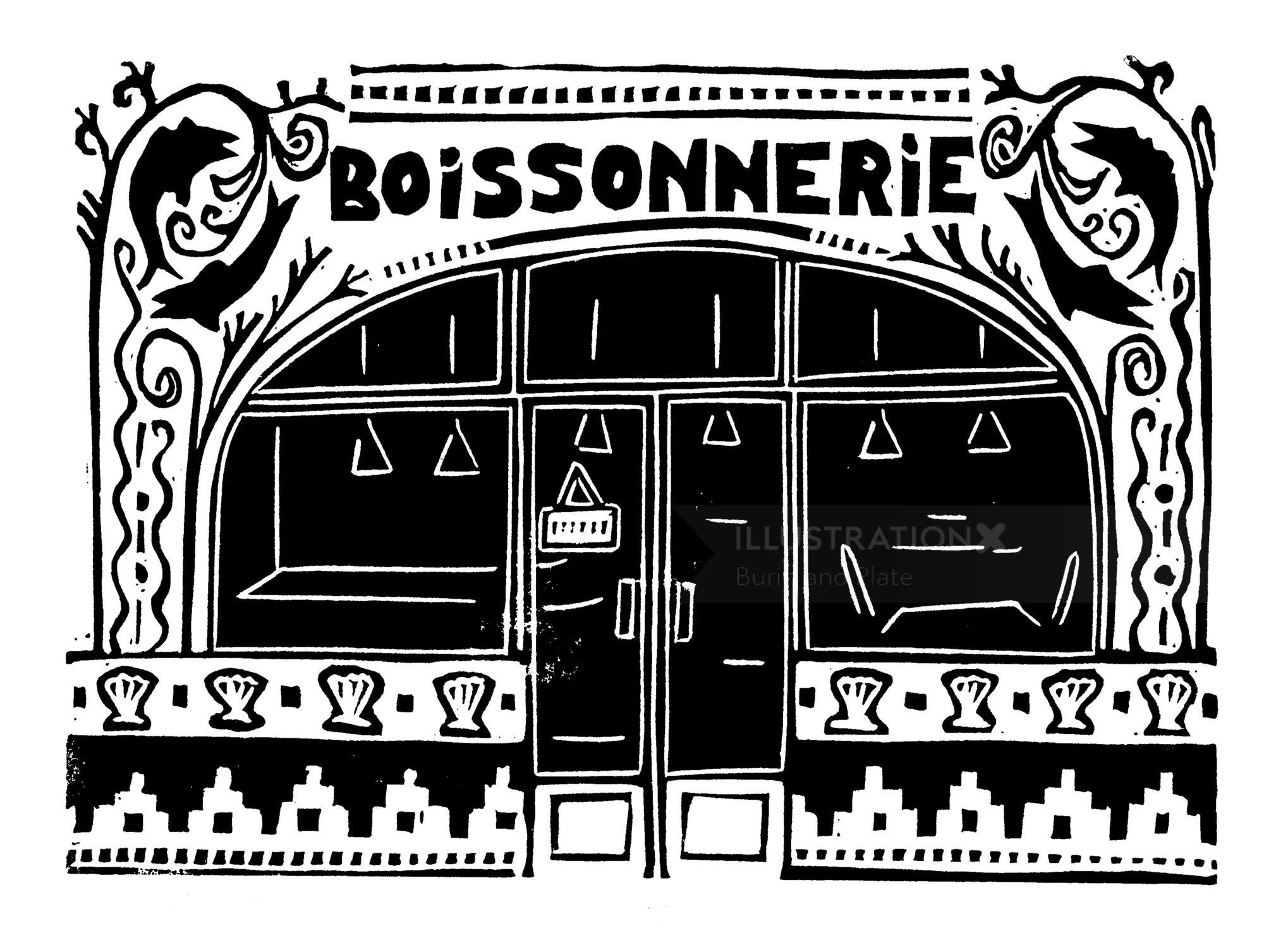 Burin and Plate linocut showing a decorative French cafe facade