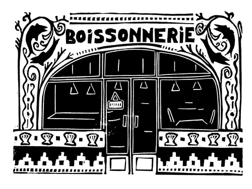 Burin and Plate linocut showing a decorative French cafe facade