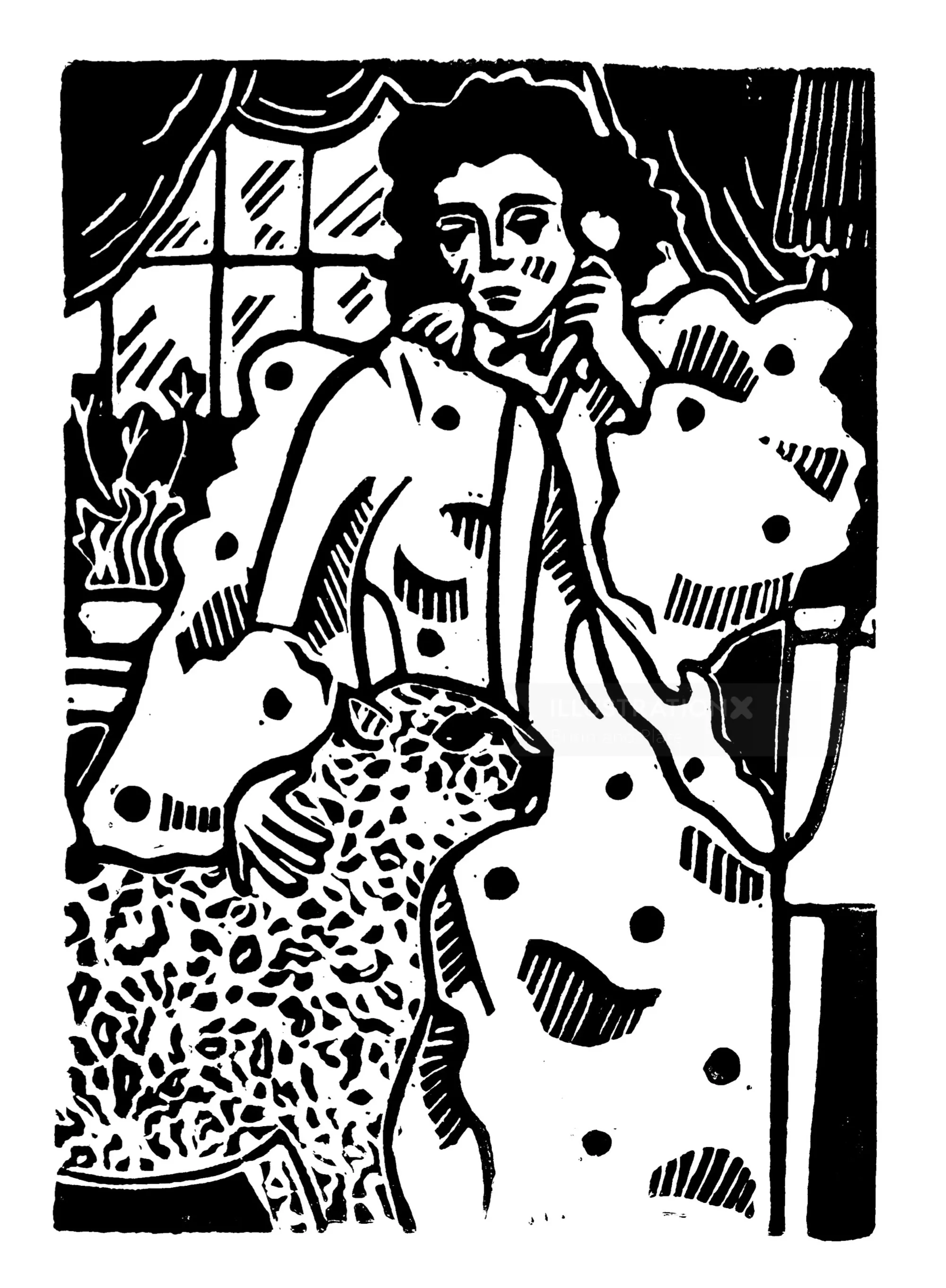 Burin and Plate linocut showing Cary Grant with a leopard