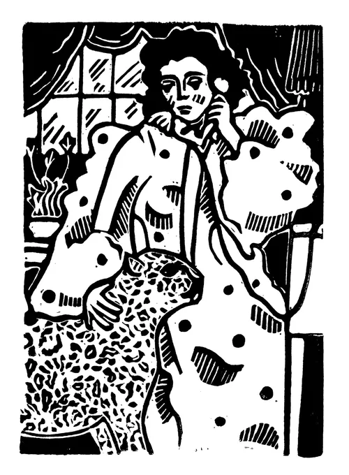 Burin and Plate linocut showing Cary Grant with a leopard