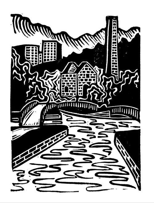 Linocut print of Bumble Hole Nature Reserve by Burin and Plate