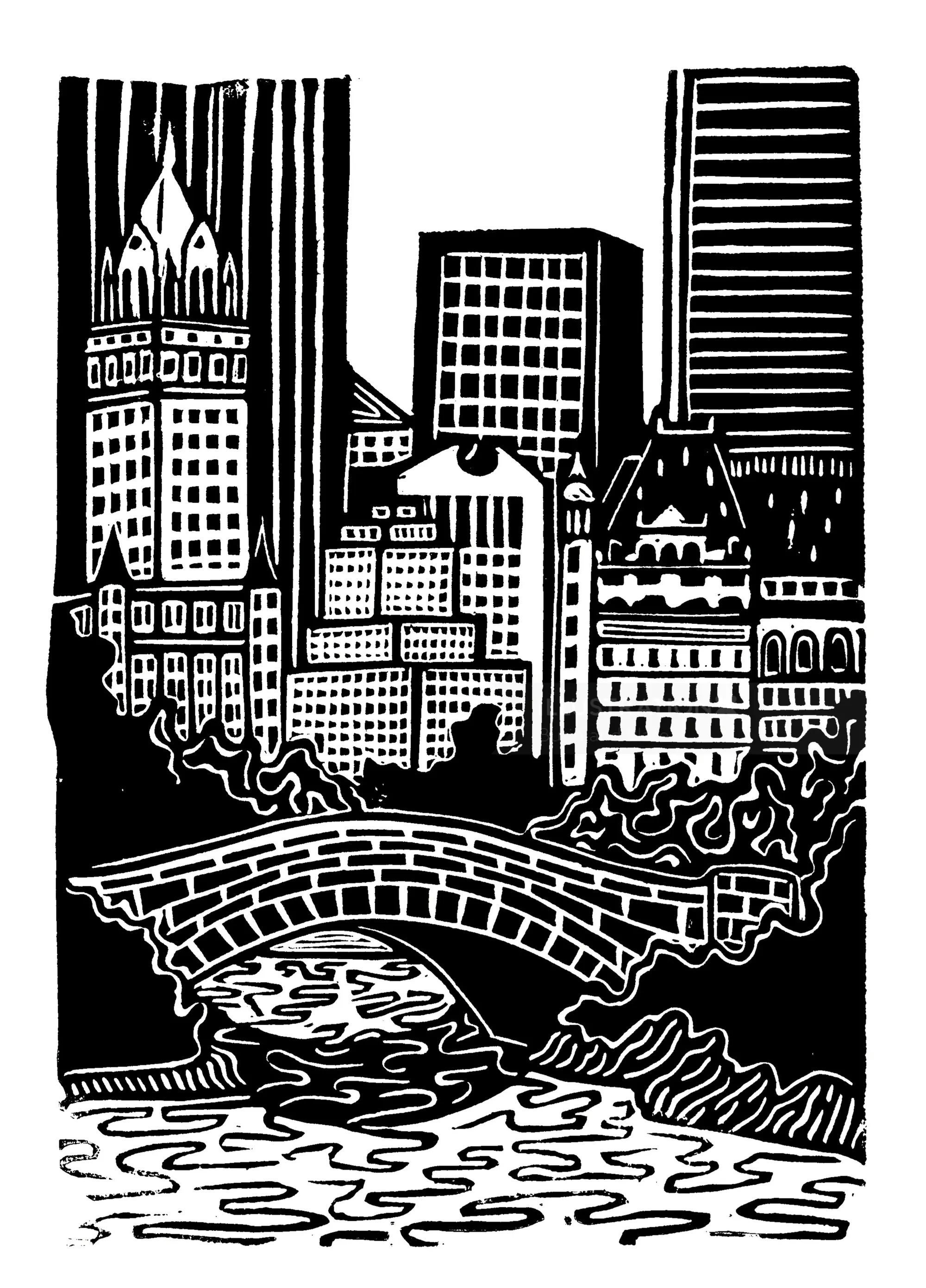 Burin and Plate linocut showing Central Park and New York City buildings