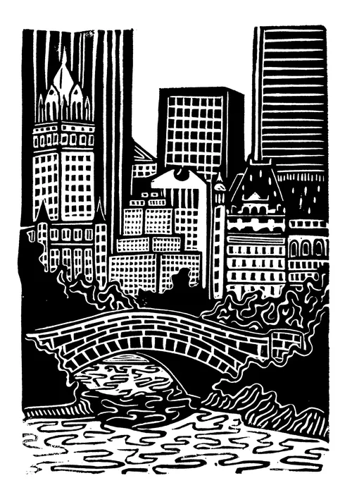 Burin and Plate linocut showing Central Park and New York City buildings