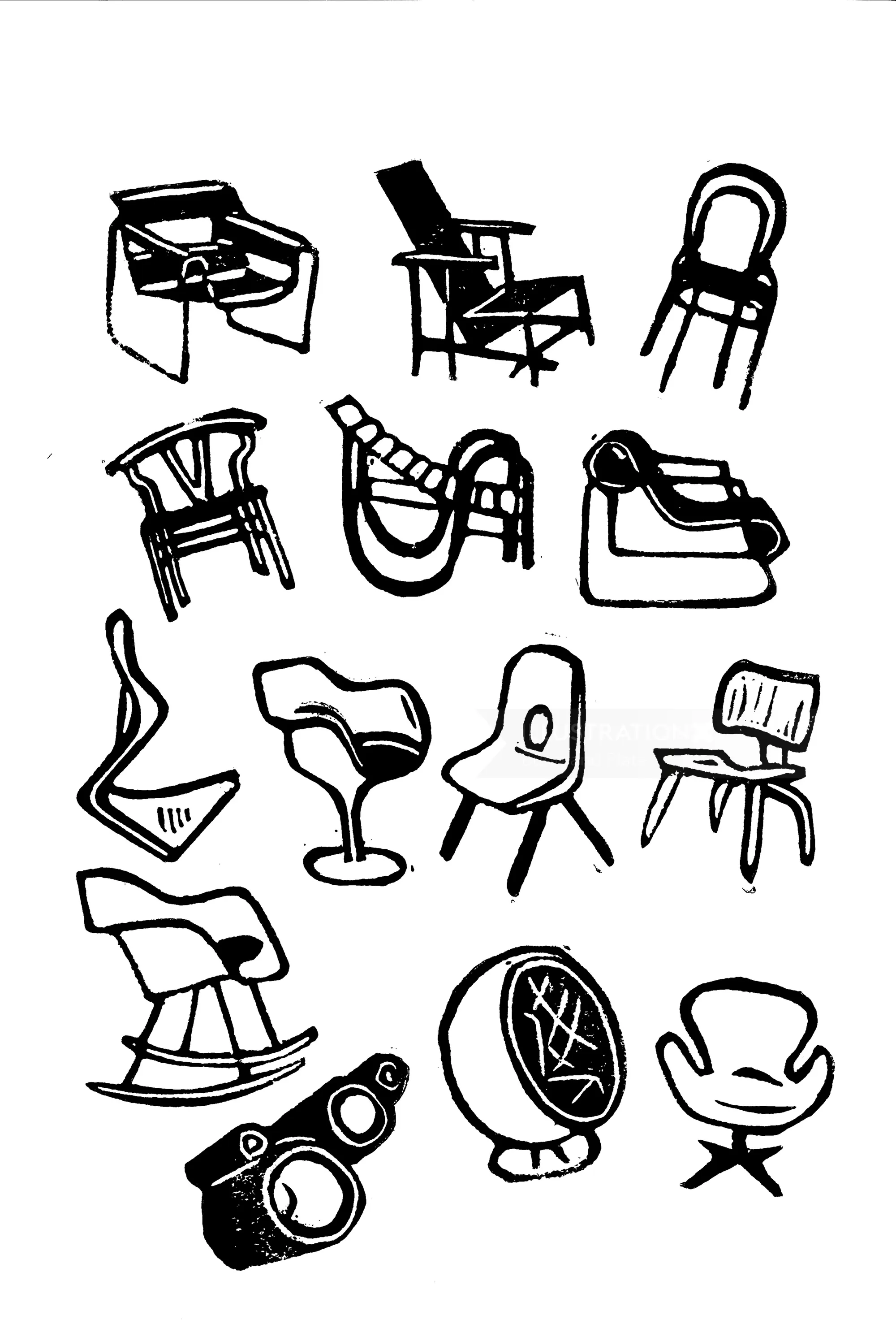 Linocut print of assorted twentieth-century chairs by Burin and Plate