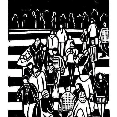 Burin and Plate linocut showing a dense crowd in black and white