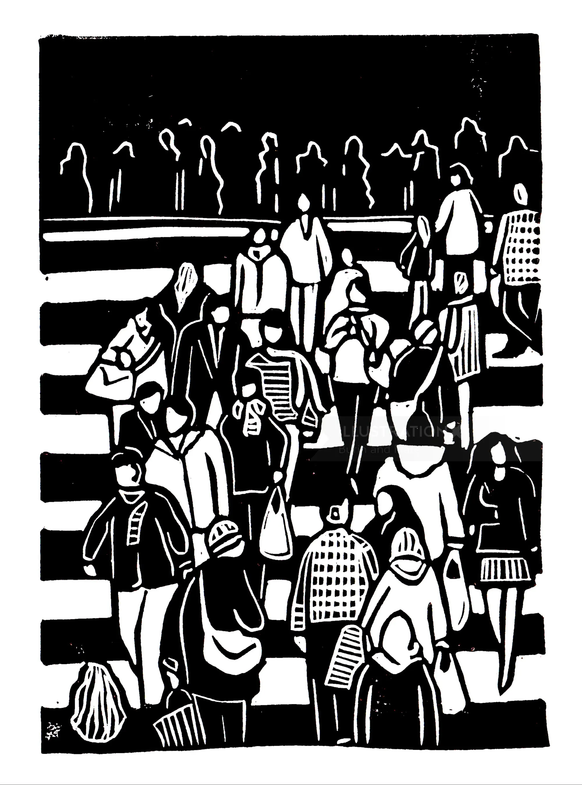 Burin and Plate linocut showing a dense crowd in black and white