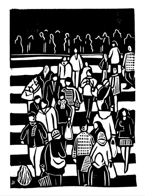 Burin and Plate linocut showing a dense crowd in black and white