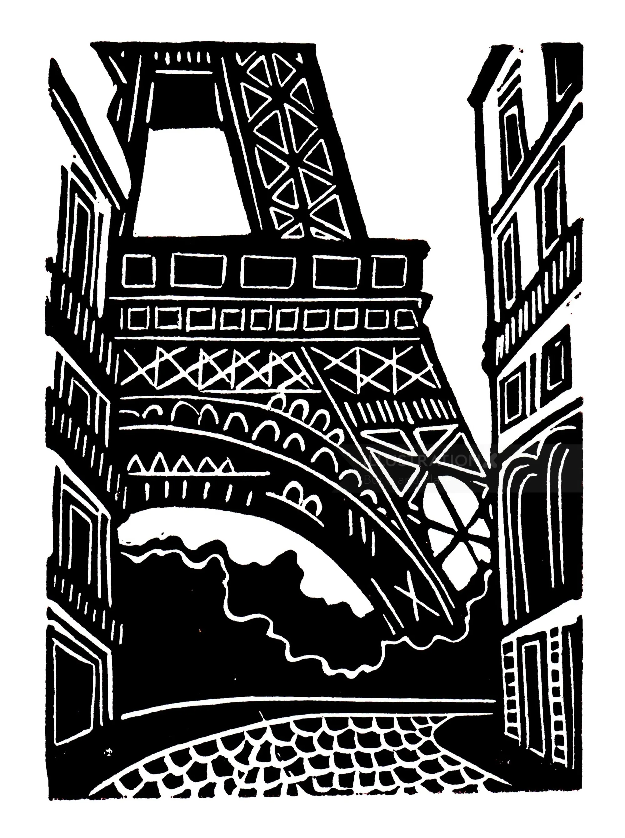 Schwarz-weißer Linolschnitt von Burin und Plate, der den Eiffelturm darstellt.