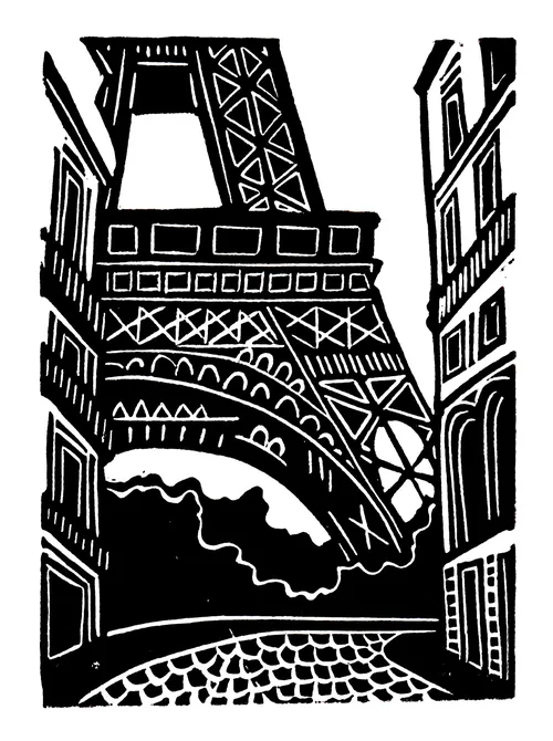 Black-and-white linocut by Burin and Plate depicting the Eiffel Tower
