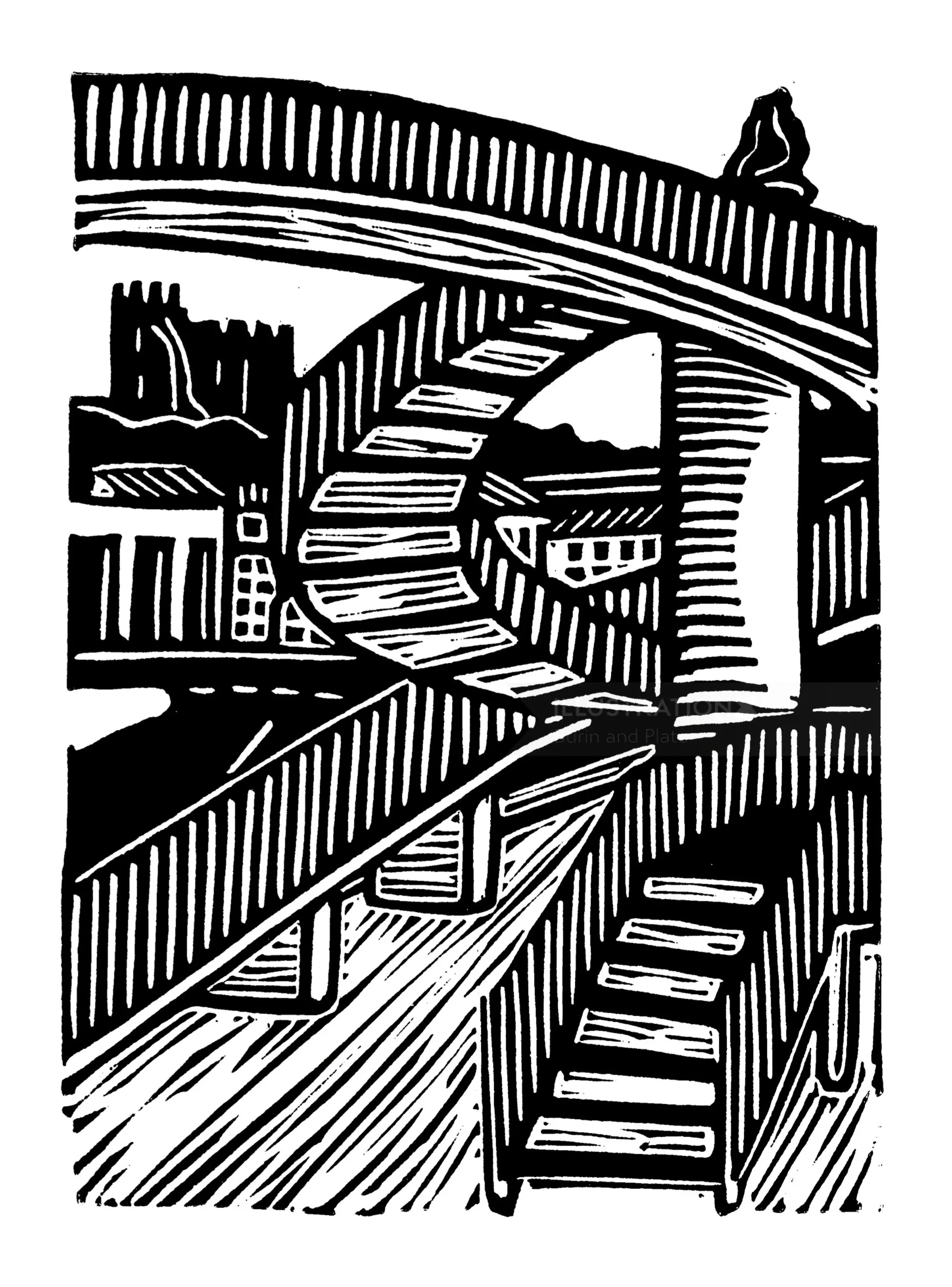 Linogravure Burin et Plate représentant une scène de passerelle urbaine en plusieurs couches