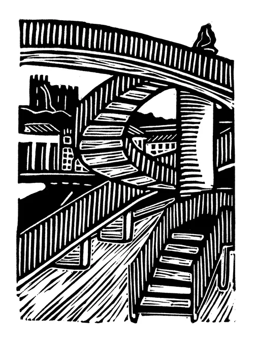 Burin and Plate linocut showing a layered urban footbridge scene