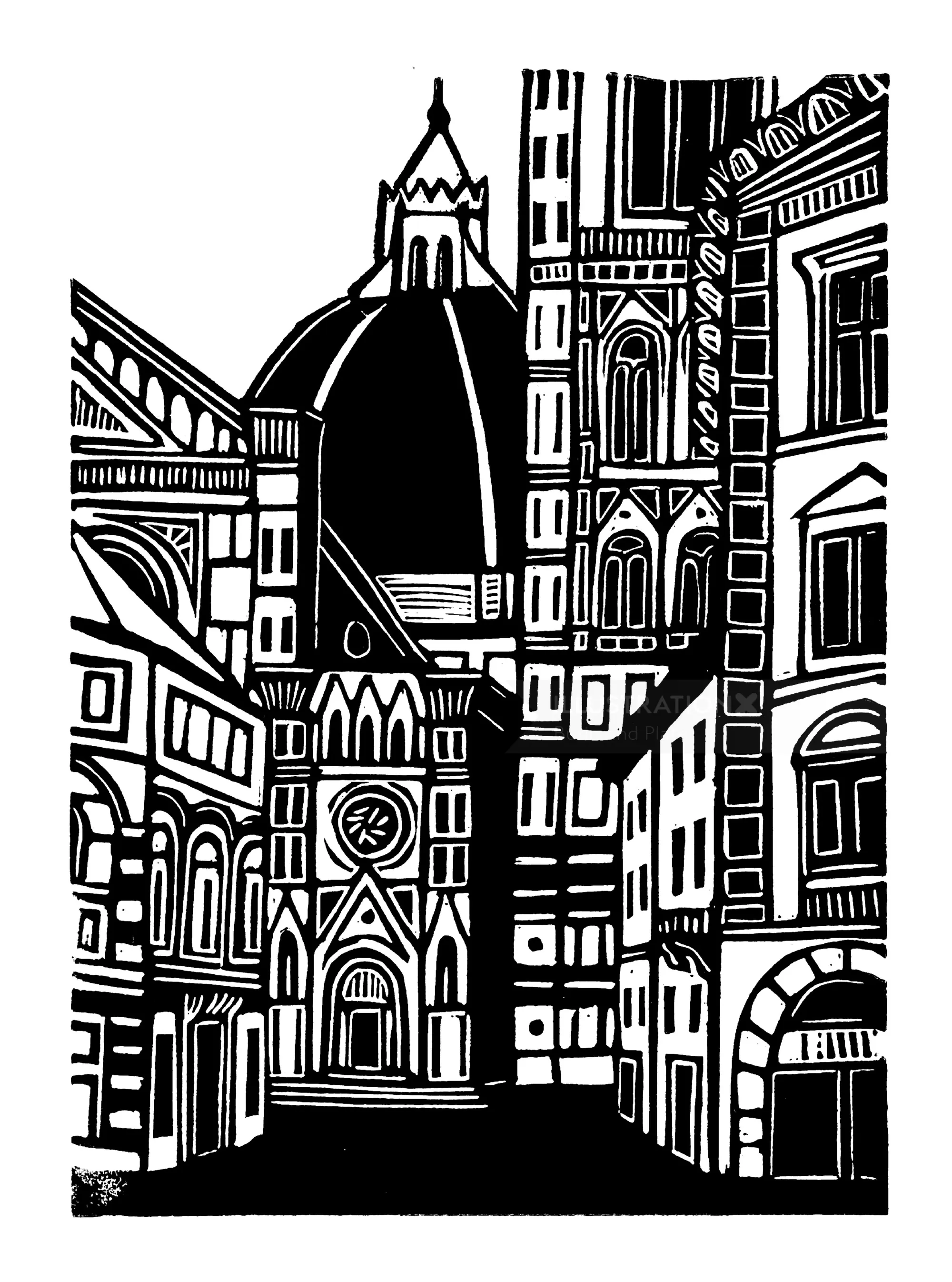 Black-and-white linocut of Florence Cathedral by Burin and Plate