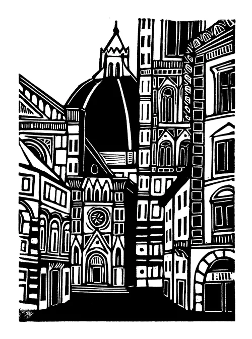 Black-and-white linocut of Florence Cathedral by Burin and Plate