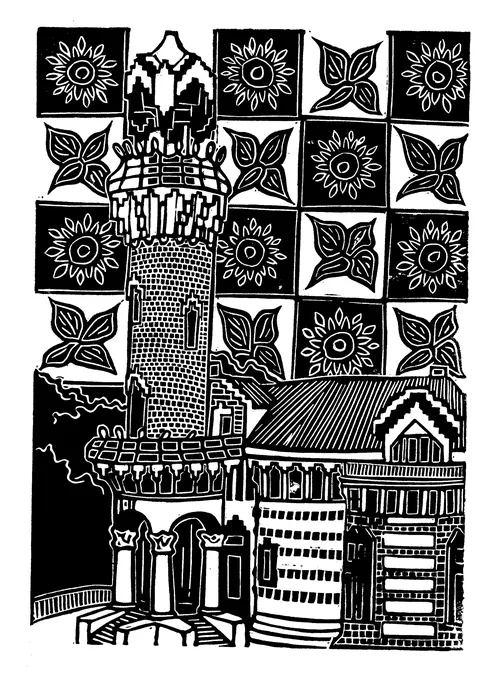 Linocut by Burin and Plate depicting an Antoni Gaudí house with floral motifs