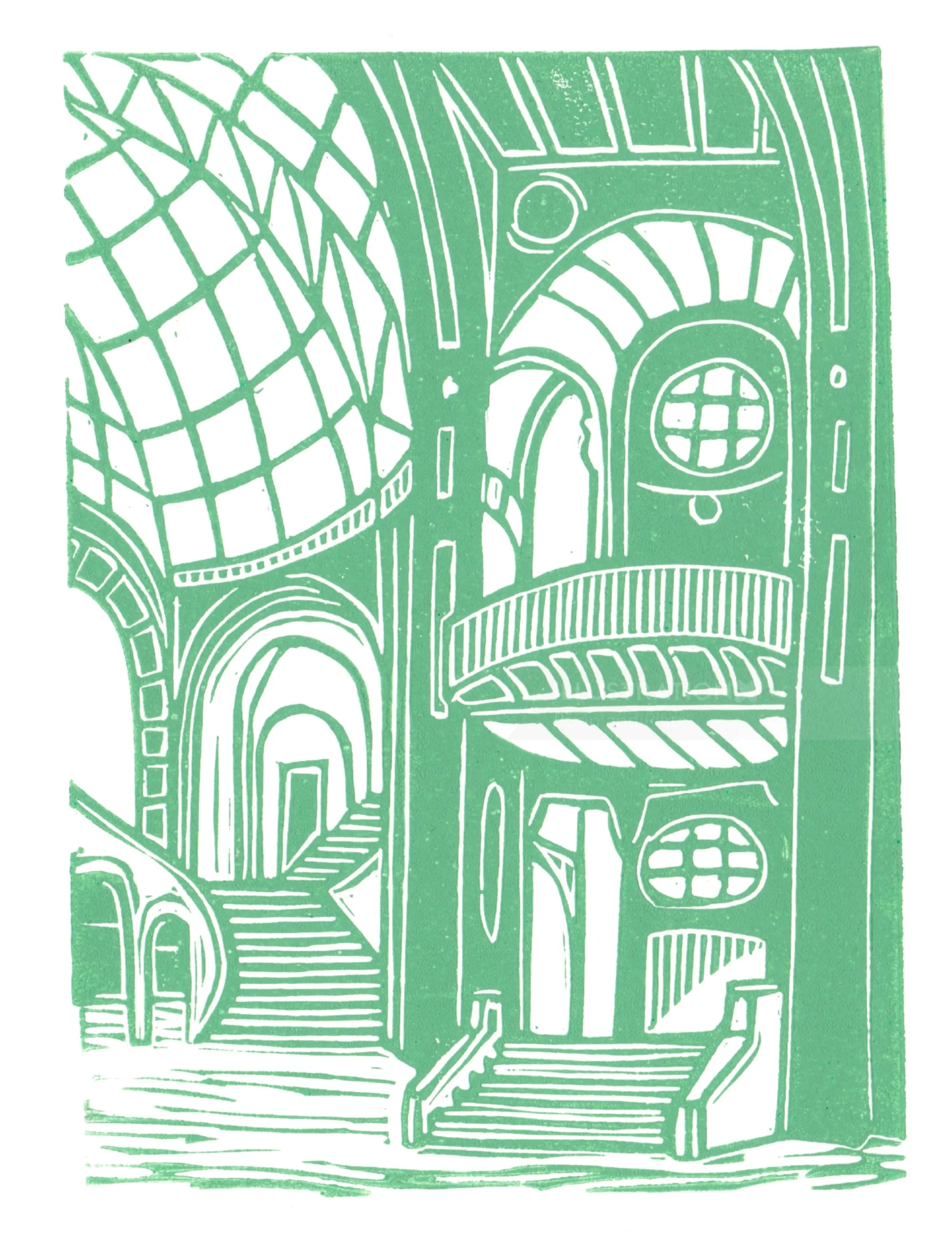 Linocut interior of Paris's Grand Palais by Burin and Plate