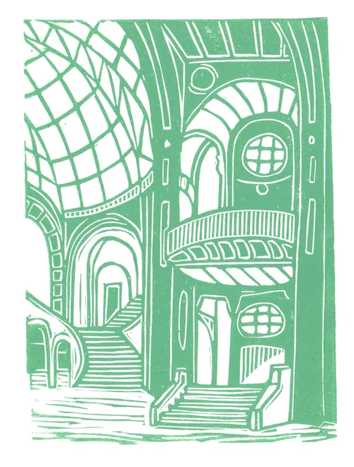 Linocut interior of Paris's Grand Palais by Burin and Plate