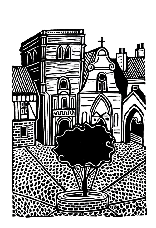 Village square with fountain and church, linocut by Burin and Plate