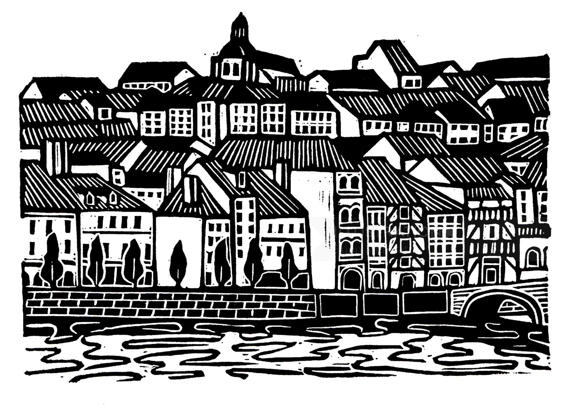 Linocut print of Joigny, France by Burin and Plate